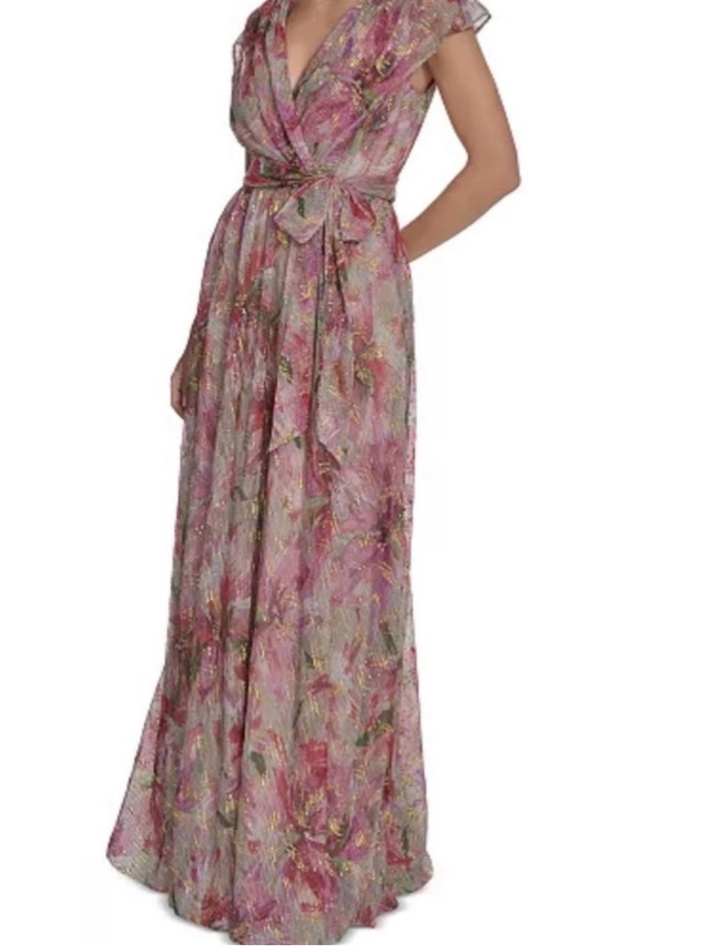 Jessica Howard Pink Floral Wrap Maxi Dress with Gold Accents